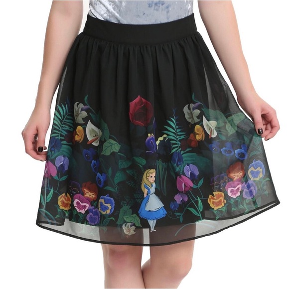 Disney Dresses & Skirts - Disney Black Floral Alice in Wonderland A-Line Skirt